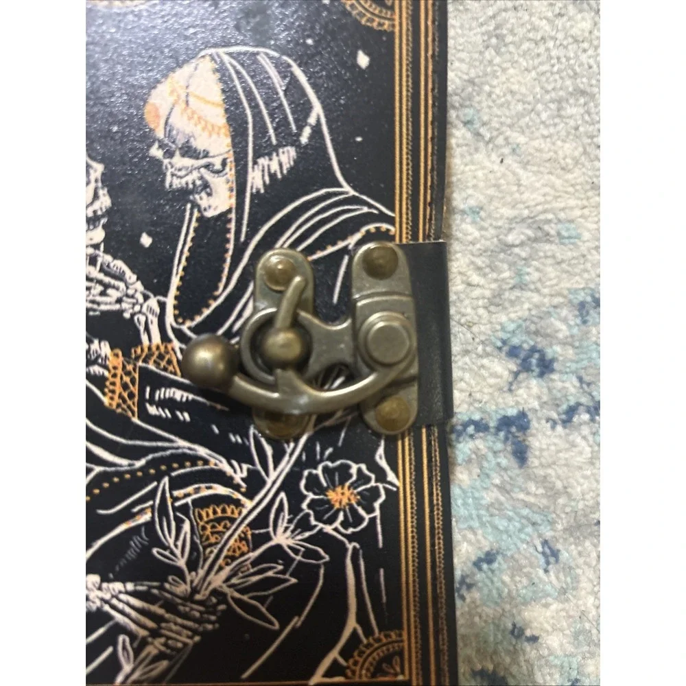 Book of Spells Leather Journal Deckle Paper Grimoire The Lovers Tarot Skull EUC